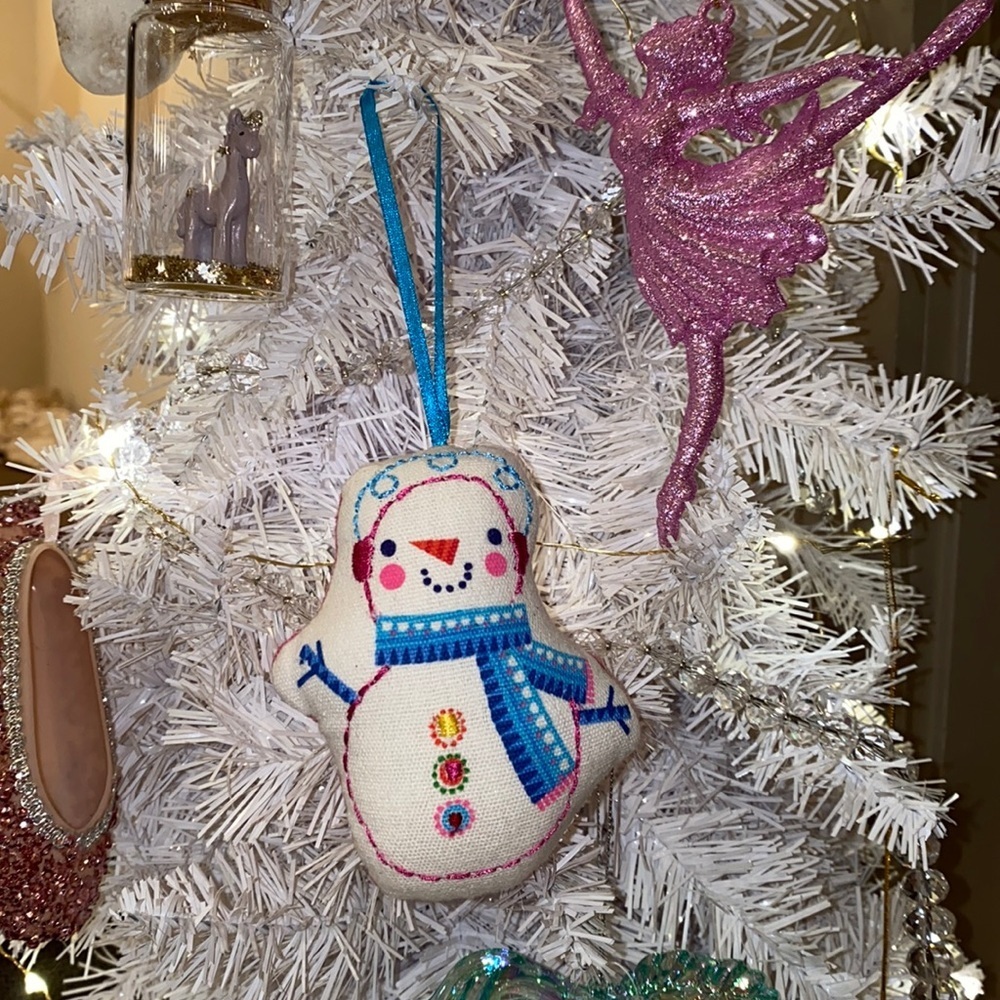 White & turquoise blue & pink snowman holiday frosty ☃️ Christmas tree ornament‌